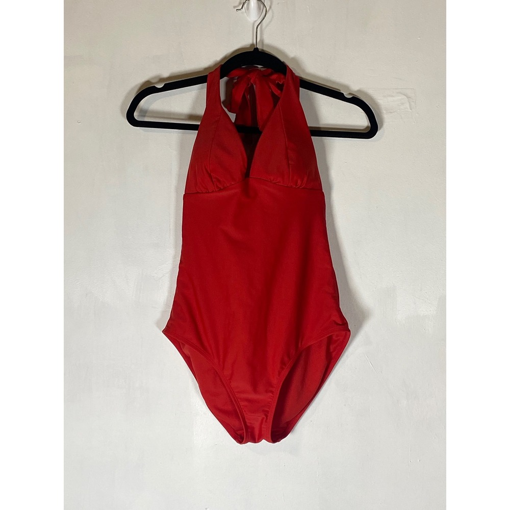Red Halter One Piece Swimsuit Open Back Tie Neck Tie Back‎ Padded M